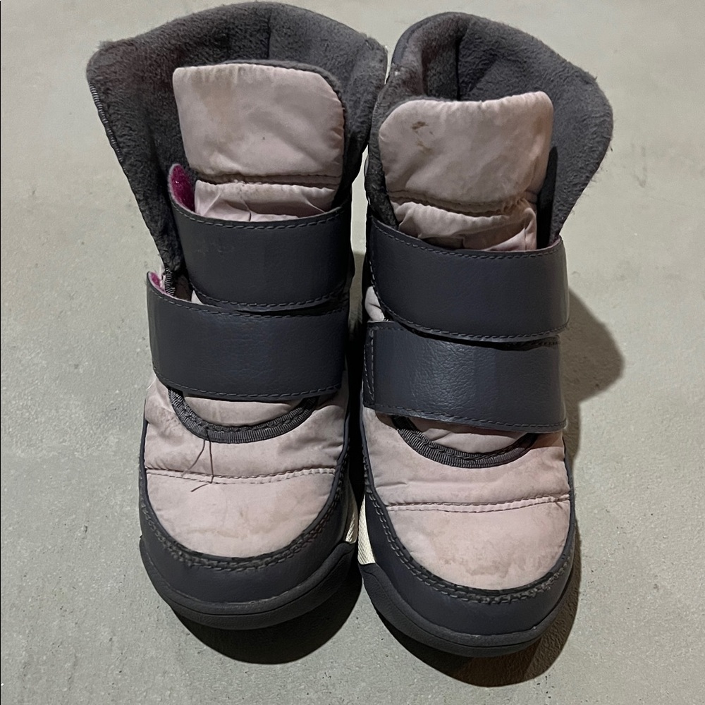 Kids Pink and Gray Winter Boots with Hook-and-Loop Straps